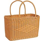 Big Picnic Basket-40cm Diameter with Handles Handmade Plastic Rattan Woven Basket Multifunctional Woven Storage Basket, Storage Basket for Camping,Shopping, Market, Birthday, Wedding,Picnic, Party