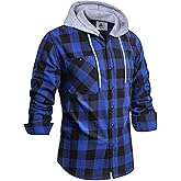 Men's Flannel Shirt Plaid Hoodie Stylish Long Sleeve Fall Casual Button Down Western Shirts with Flat Pocket