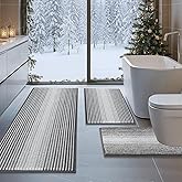 BSICPRO Bathroom Rugs Sets 3 Piece, Toilet Rugs U-Shaped Contour Bath Mat Set, Long Striped Absorbent Non Slip Chenille Shower Mat, Gray