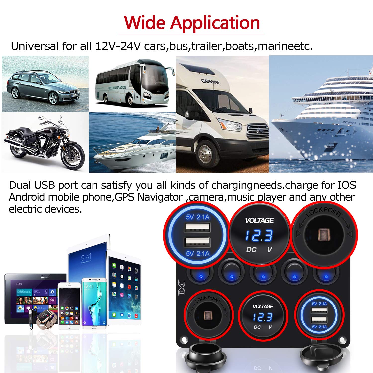 FXC 5 Gang Rocker Switch Panel with Dual USB Slot Socket 5V 4.2A + Cigarette Lighter + Voltmeter for Marine Boat Car Rv Vehicles Truck 12-24V Waterproof Blue LED (5B Blue): Industrial & Scientific