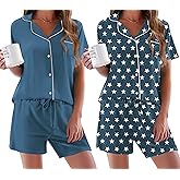 Ekouaer Womens Pajamas Set 2 Pack Button Down Summer Sleepwear Short Sleeve Comfy Pjs Loungewear Set