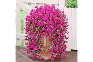 4pcs Realistic Artificial Flowers | UV Resistant Fake Hanging Plants Petunia Faux Flowers for Porch Patio, Fuchsia, Outdoors
