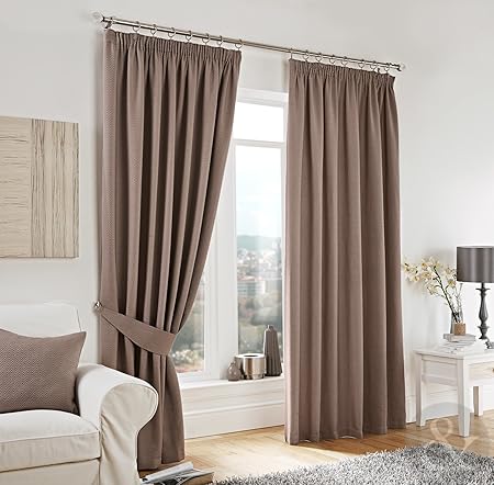 Just Contempo Herringbone Pencil Pleat Lined Curtains Taupe Brown