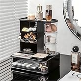 Makeup Organizer with Brush Holder for Vanity, Large Makeup Organizer Countertop with 3 Rotating Drawers, Cosmetic Display Cases Makeup Storage for Dresser & Bathroom, Ideal Gifts for Women (Black)