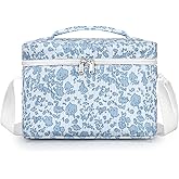 TESAFNG Insulated Lunch Bag for Women, Cute Corduroy Reusable Lunch Box for Adult, Leakproof Cooler Bag for Work Office Travel Picnic, Lunch Tote Bag with Adjustable Shoulder Strap (Blue Flower)