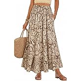 Bsubseach Womens Boho Floral Print Maxi Skirts Elastic High Waist Flowy A Line Long Midi Skirt with Pockets