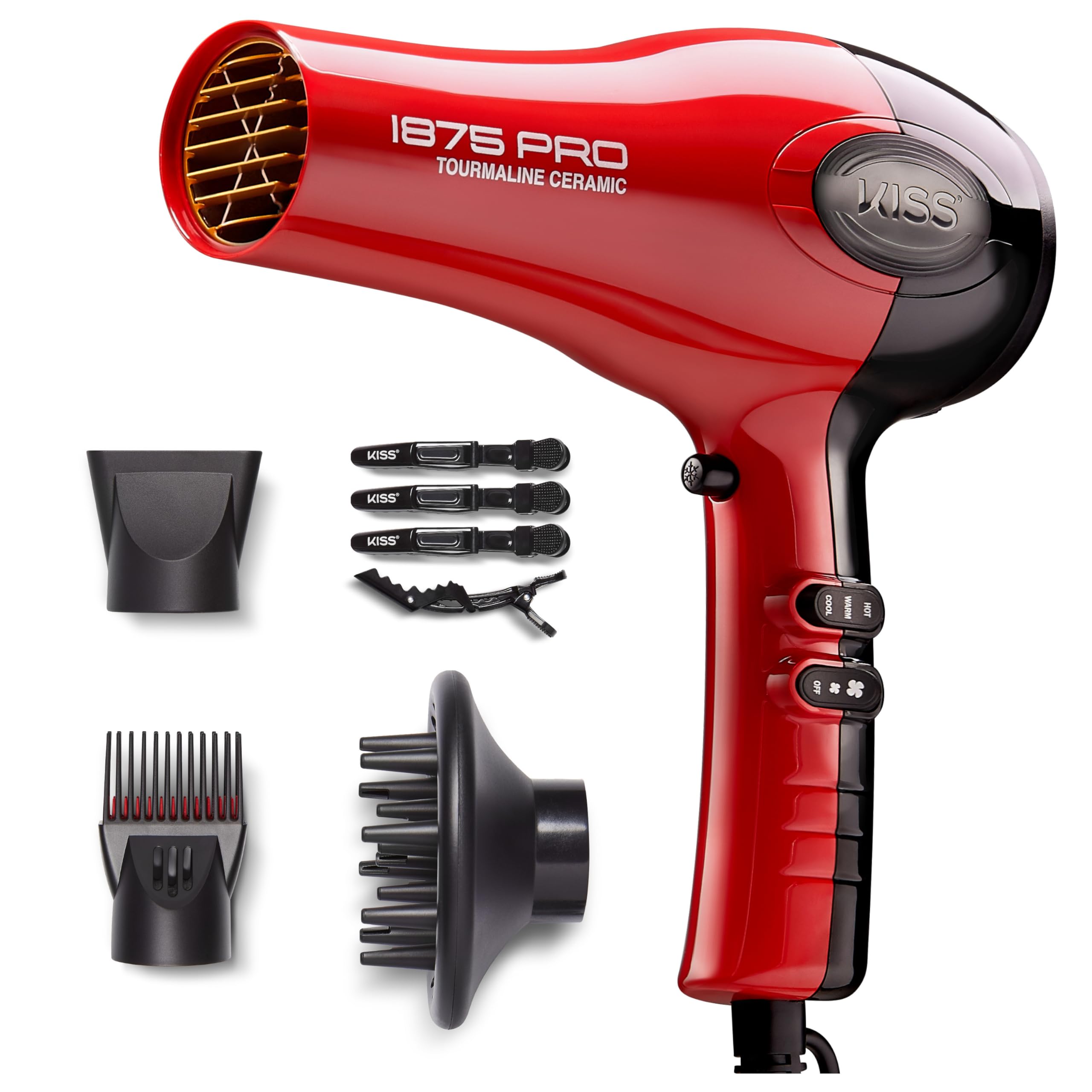 Photo 1 of KISS 1875 Watt Pro Tourmaline Ceramic Hair Dryer, Styling Edition, 3 Heat Settings, 2 Speed Settings, Cool Shot Button, 7 Blow Dryer Accessories Included, 2-Year Warranty - Red
