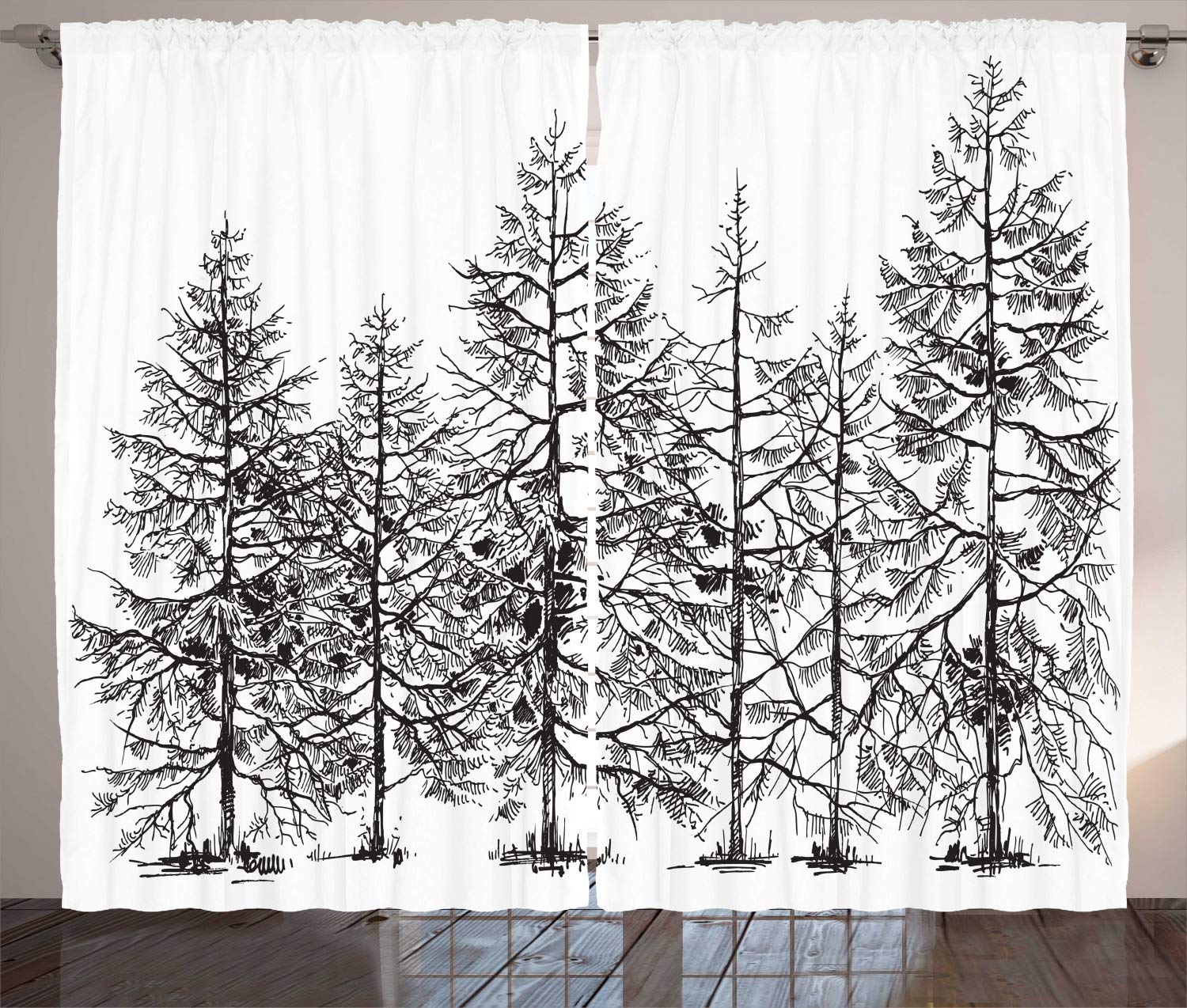ABAKUHAUS Winter Curtains, Cold Pine Tree Landscape Under Puffy Snow Pile Outlined Pointy Xmas Tree Leaves, Living Room Bedroom Window Drapes 2 Panel Set, 280 x 175 cm, White Black — image 1