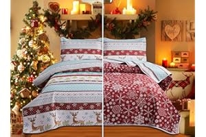 Jessy Home Christmas Bedding Set - Queen Size Quilt, Bedspread, Reversible Coverlet - Rustic Lodge Deer Snowflake Cabin Home Holiday Decor