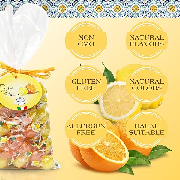 PERLE DI SOLE ITALIAN HARD CANDY – ASSORTED ORANGE & LEMON DROPS WITH FIZZY FILLING (17.6 OZ | 500 G) ITALIAN CANDY INDIVIDUALLY WRAPPED – CITRUS CANDY