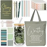 Geyoga 26 Pcs Valentine's Gifts Bible Journaling Kit Bible Study Supplies 16 oz Glass Cup Canvas Bag Leather Notebook Highlighter Sticky Note Cross Clip Tab for Teacher Women Nurse Church