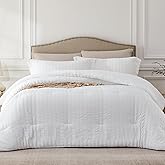 Quataly White Queen Comforter Set - 3 Pieces Seersucker Lightweight Bedding Comforter Sets (1 Soft Fluffy Comforter & 2 Pillowcases) - All Seasons Cozy Modern Bed Sets