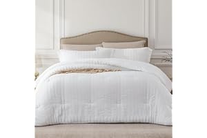 Quataly White Queen Comforter Set - 3 Pieces Seersucker Lightweight Bedding Comforter Sets (1 Soft Fluffy Comforter & 2 Pillowcases) - All Seasons Cozy Modern Bed Sets