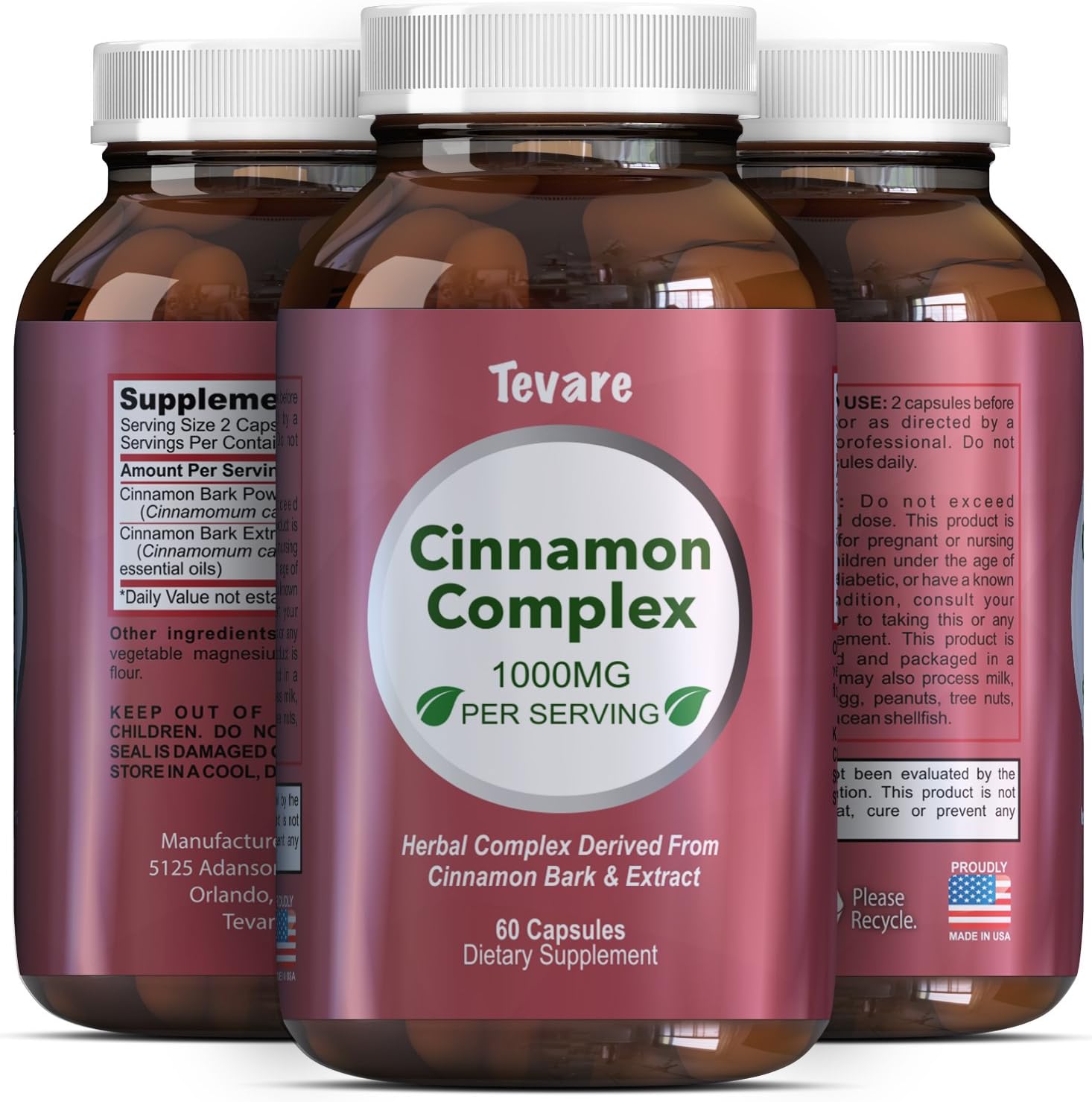 Complex Cinnamon Capsules - Vitamin for Weight Loss Best Blood Sugar Support - Pure for Men and Women Antioxidant Natural Essential Oils - Anti Inflammatory Supplement - 400mg - by Tevare