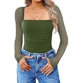 Avidlove Women's Square Neck Mesh Long Sleeve Bodysuit Shirts Ruched Body Suit Sexy Sheer Tops Date Night Outfit