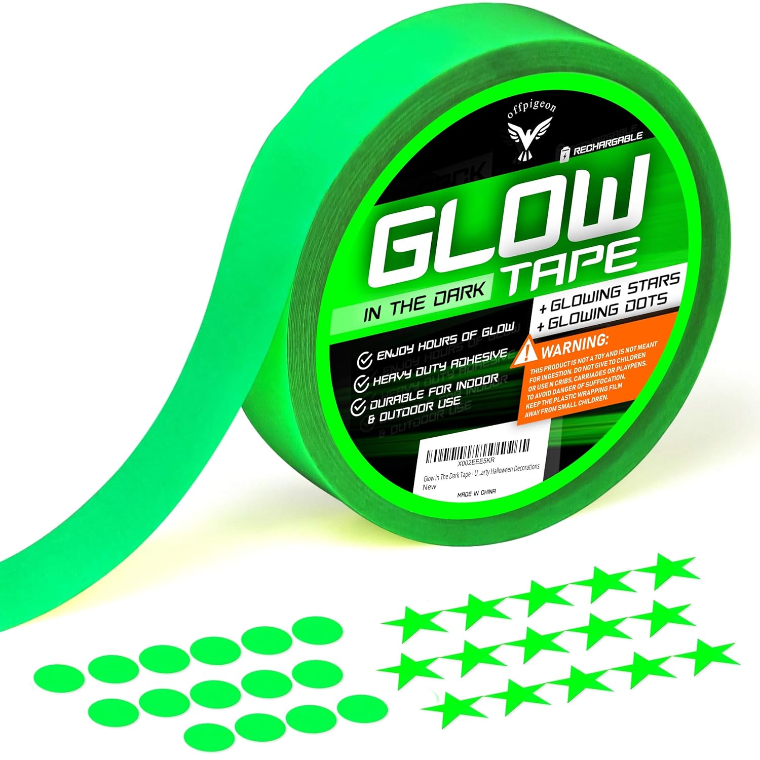 Glow in The Dark Tape - Ultra Luminous Tape - Premium Pack of UV Glow Tape - 15 Fluorescent Stars 15 Dots Stickers - Home Decor Wall Ceiling Stairs Stage Party Halloween Decorations