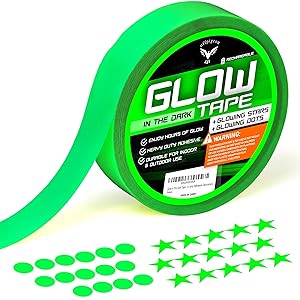 Glow in The Dark Tape - Ultra Luminous Tape - Premium Pack of UV Glow Tape - 15 Fluorescent Stars 15 Dots Stickers - Home Decor Wall Ceiling Stairs Stage Party Halloween Decorations