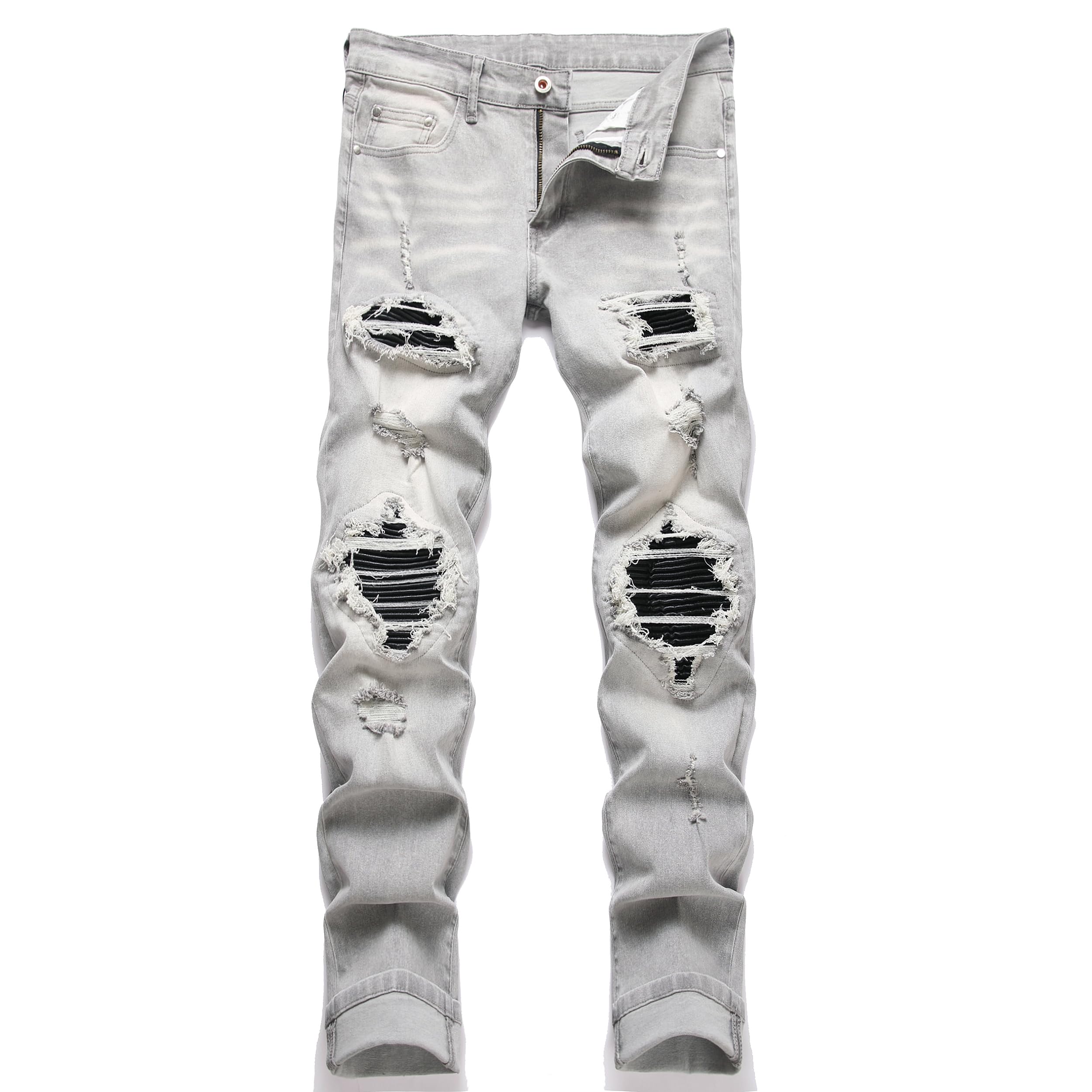 OIIIO Men's Patch Ripped Stretch Regular Fit Jean (42, 6664 Grey) Image