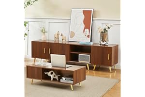 COSVALVE TV Stand and Coffee Table Set of 2, 70" Modern Entertainment Center with Sliding Fluted Door for up to 80" TV, 41.3" Coffee Tables for Living Room Table Set, Walnut