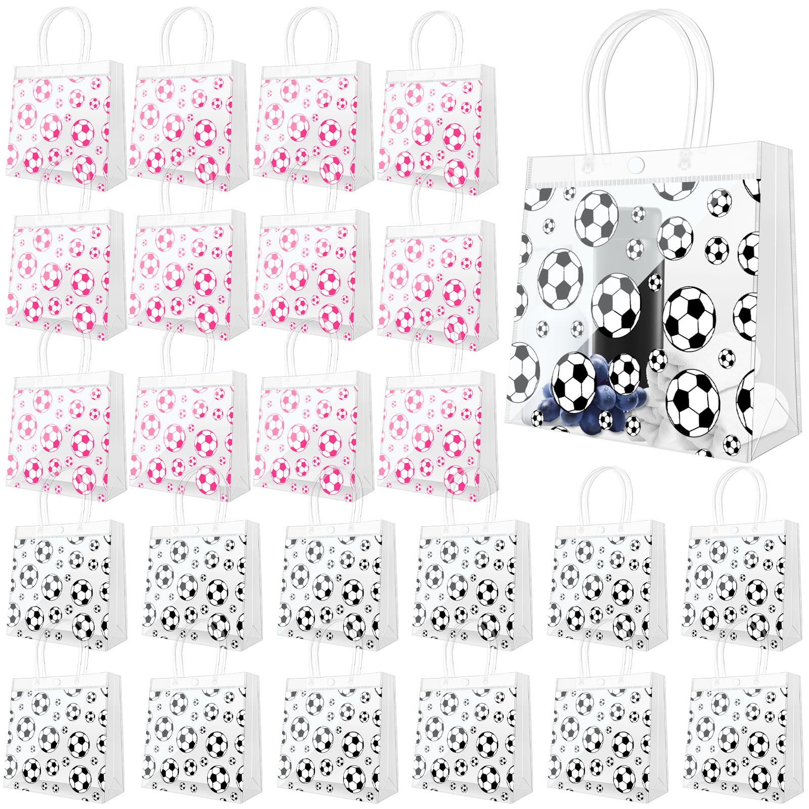 Photo 1 of Demonwer 24 Pcs Soccer Clear Goodie Bag with Handles 2 Styles Soccer Goodie Treat Candy Bags PVC Sport Theme Party Favor Bag for Team Birthday Gifts 8×8×3.2 Inch