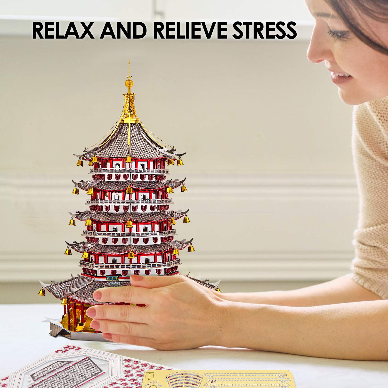 Piececool 3D Metal Puzzle Model Kits- Leifeng Pagoda Metal Model Kits for Adults, Chinese Traditional Architecture Building Kits DIY Brain Teaser Puzzles Gifts for Teens Family- 796 Pcs