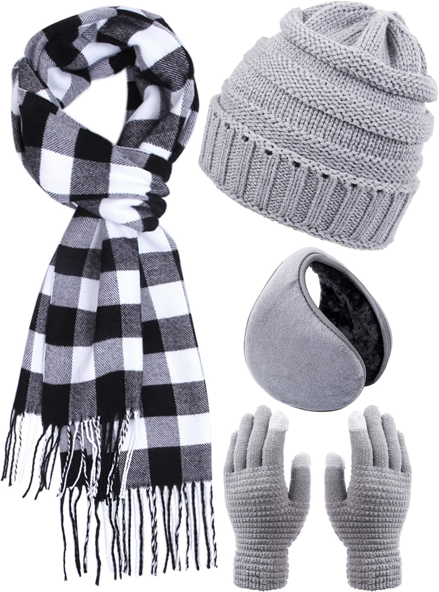 Aneco Winter Warm Knitted Sets Buffalo Plaid Scarf Beanie Hat Touch Screen Gloves and Winter Ear Warmer Set for Men or Women