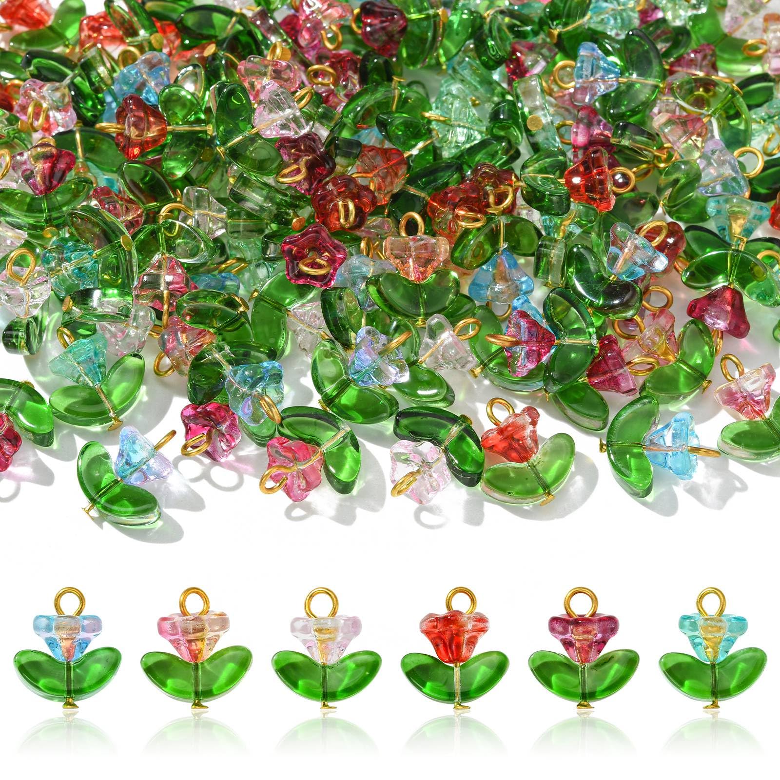 Stiesy 120Pcs 6 Colour Flower Charms Pendants Trumpet Flower Charm Floral with Leaf Glass Charms Bulk for Jewellery Making DIY Bracelet Crafting