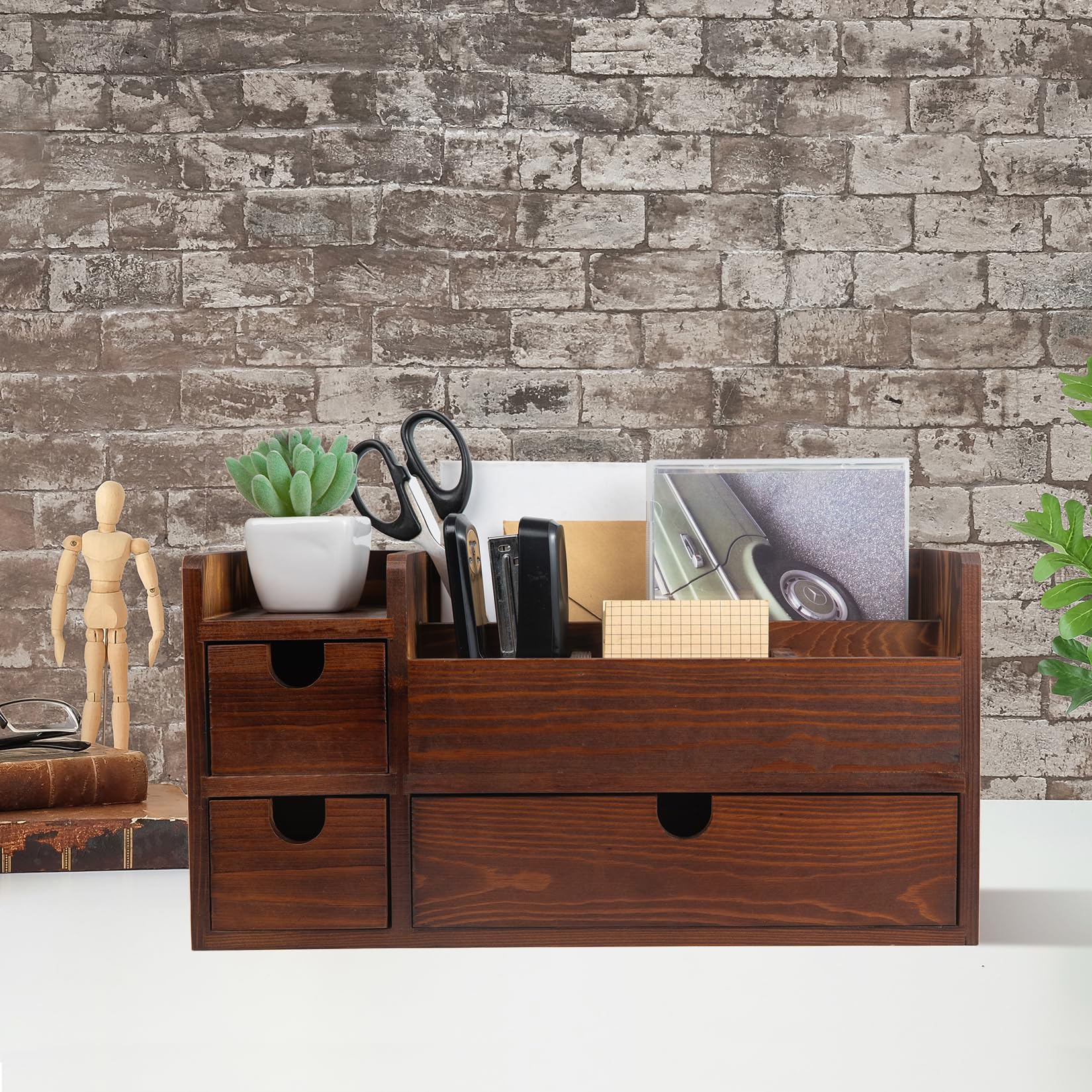Photo 1 of ExoLiry Rustic Brown Wooden Desktop Organizer Drawers Removable Office Supplies Torched Wood Storage Cabinet Caddy Box Stationery Pencil Slots Mail Holder Notes Accessories Home Makeup Tools Cosmetics