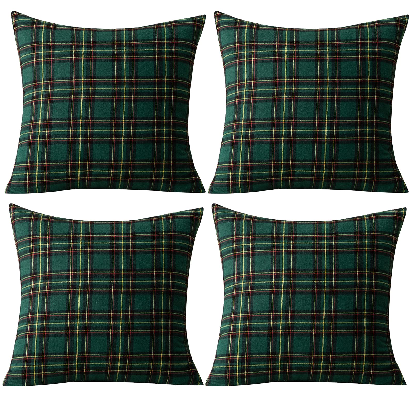 Qelus Christmas Cushion Covers set of 4, Tartan Scottish Throw Pillow Cases, Plaid Check Pillow Covers 45 x 45 cm, Soft Cotton Polyester for Car Sofa Bedroom Xmas Decoration, 18x18 Inch, Green Yellow