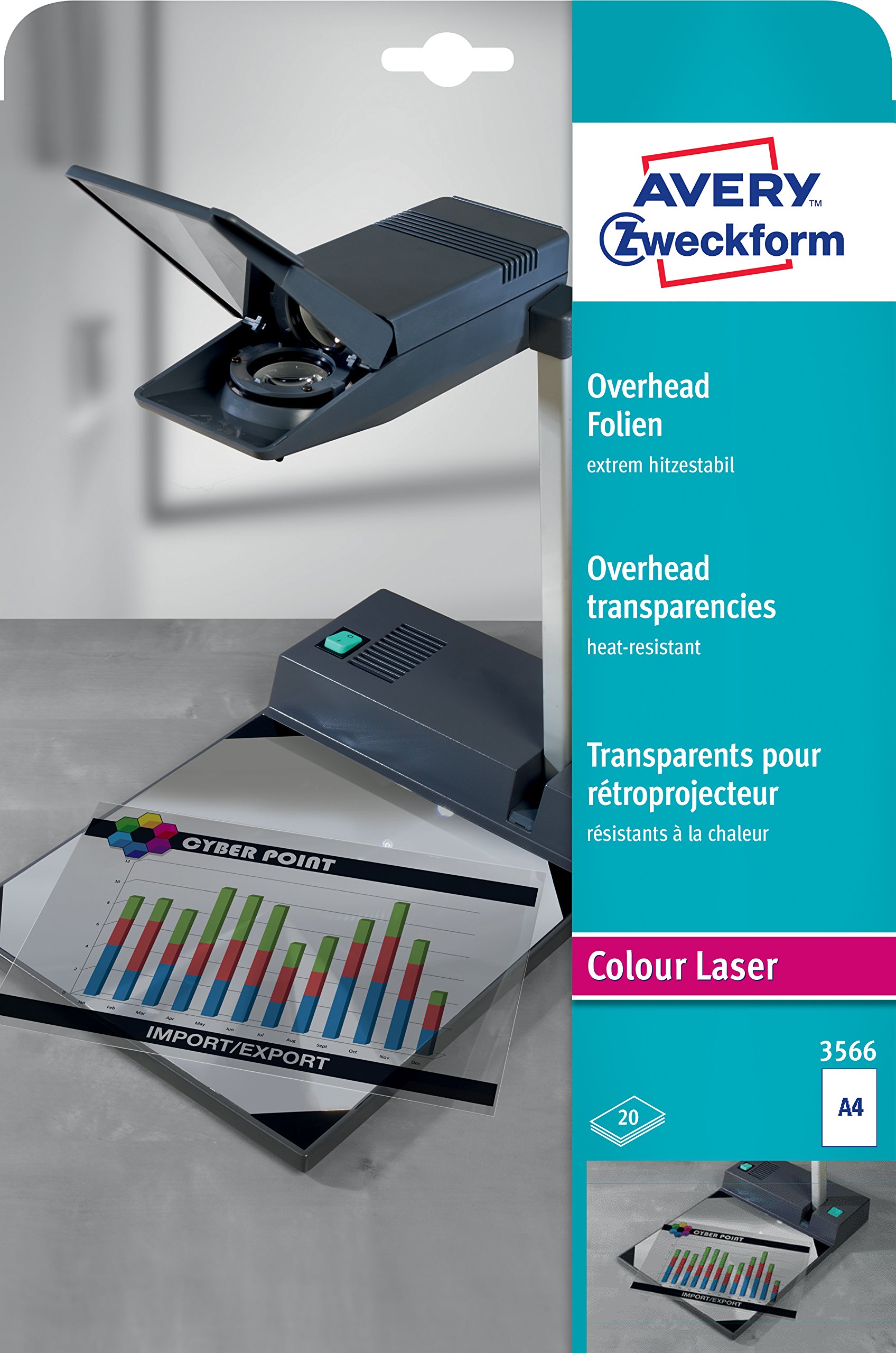 AVERY Zweckform 3566 Overhead Films for Colour Laser Printers (20 Transparent Films, A4, Special Coating, Stackable, Extremely Heat Stable Due to Increased Film Thickness 0.13 mm, Solvent-Free)