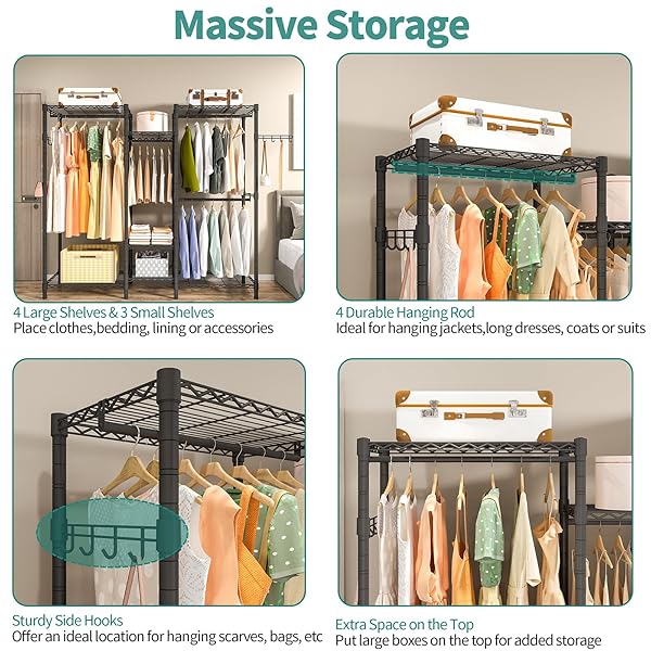 EXGLOBOL HEAVY DUTY GARMENT RACK, PORTABLE WARDROBE CLOTHES RACK FREESTANDING ADJUSTABLE CLOTHING RACK WITH 7 TIERS ADJUSTABLE WIRE SHELVING AND 4 HANGER RODS, MAX LOAD 920LBS