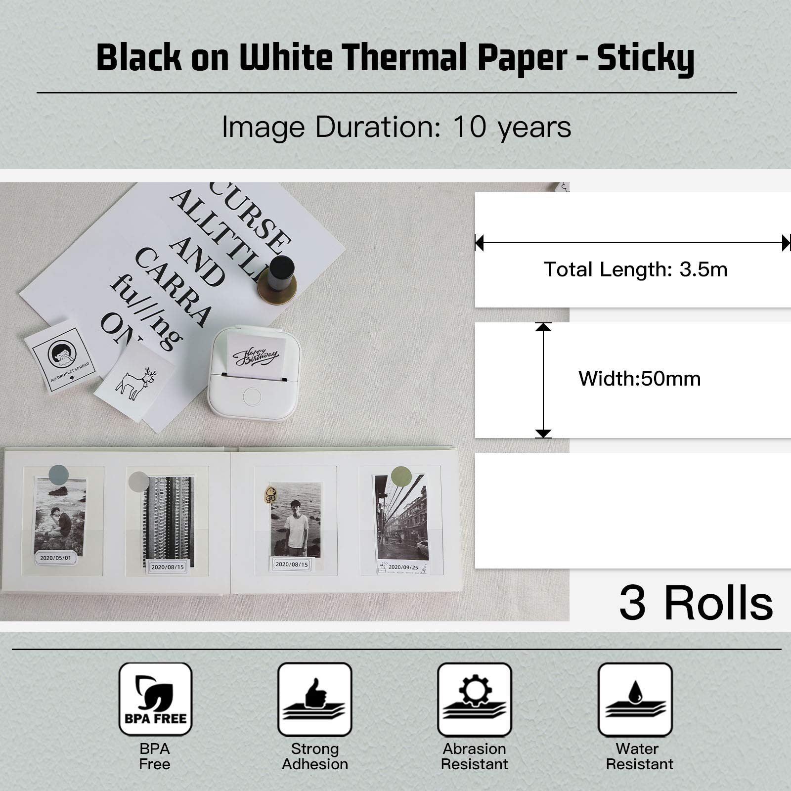 Memoking T02/M02X/M02L White Thermal Paper-10-Year Sticky 50mmx3.5m for Journal Photo Texts Study Notes and More, 3 Rolls
