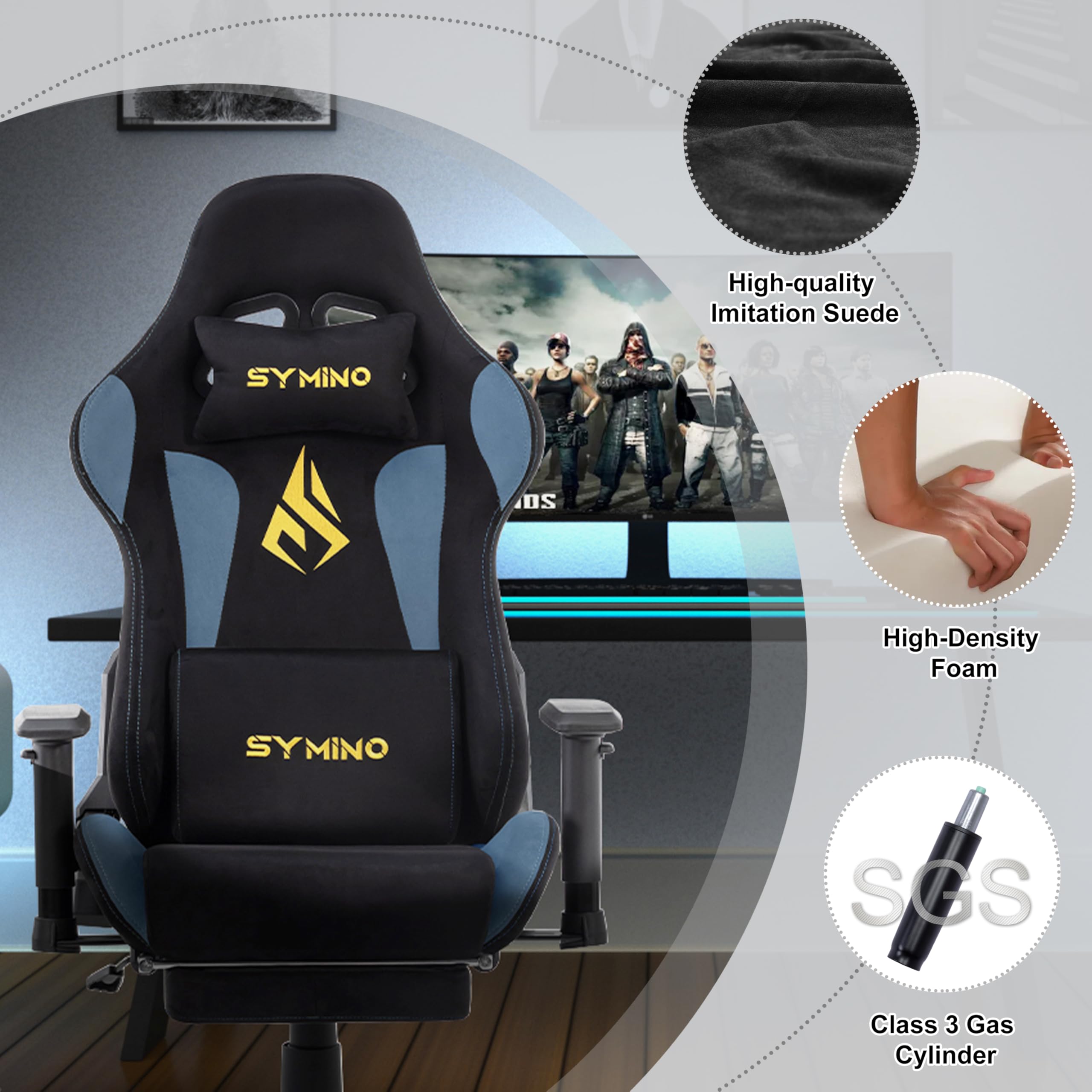Symino Gaming Chair With Footrest, Computer Chair For Teens With Headrest And Lumbar Support, Ergonomic Pc Chair, Height Adjustable Rotating Task Chairs, Black Blue - View 7
