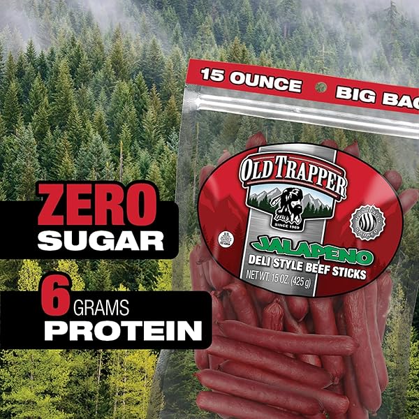OLD TRAPPER DELI-STYLE BEEF STICKS, JALAPEÑO FLAVOR, 15-OUNCE PACKAGE, SPICY BEEF STICKS, SIX GRAMS OF PROTEIN AND ZERO GRAMS OF SUGAR PER SERVING (PACK OF ONE)
