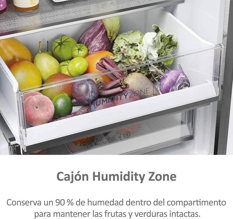 Haier 3d 60 series 5 htw5618enmg - geladeira combinada, wifi, porta-garrafas, funções inteligentes, 360l, my zone, gaveta de zona de umidade, total no frost, largura 59,5 cm, motor inversor, luz led, aço inoxidável
