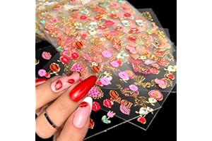 SPLOCUDU 30 Sheets Valentine's Day Nail Art Stickers Red Heart Nail Decals 3D Self-Adhesive Rose Lip Kiss Nail Supplies DIY Acrylic Nails Decoration Accessories for Women and Girls