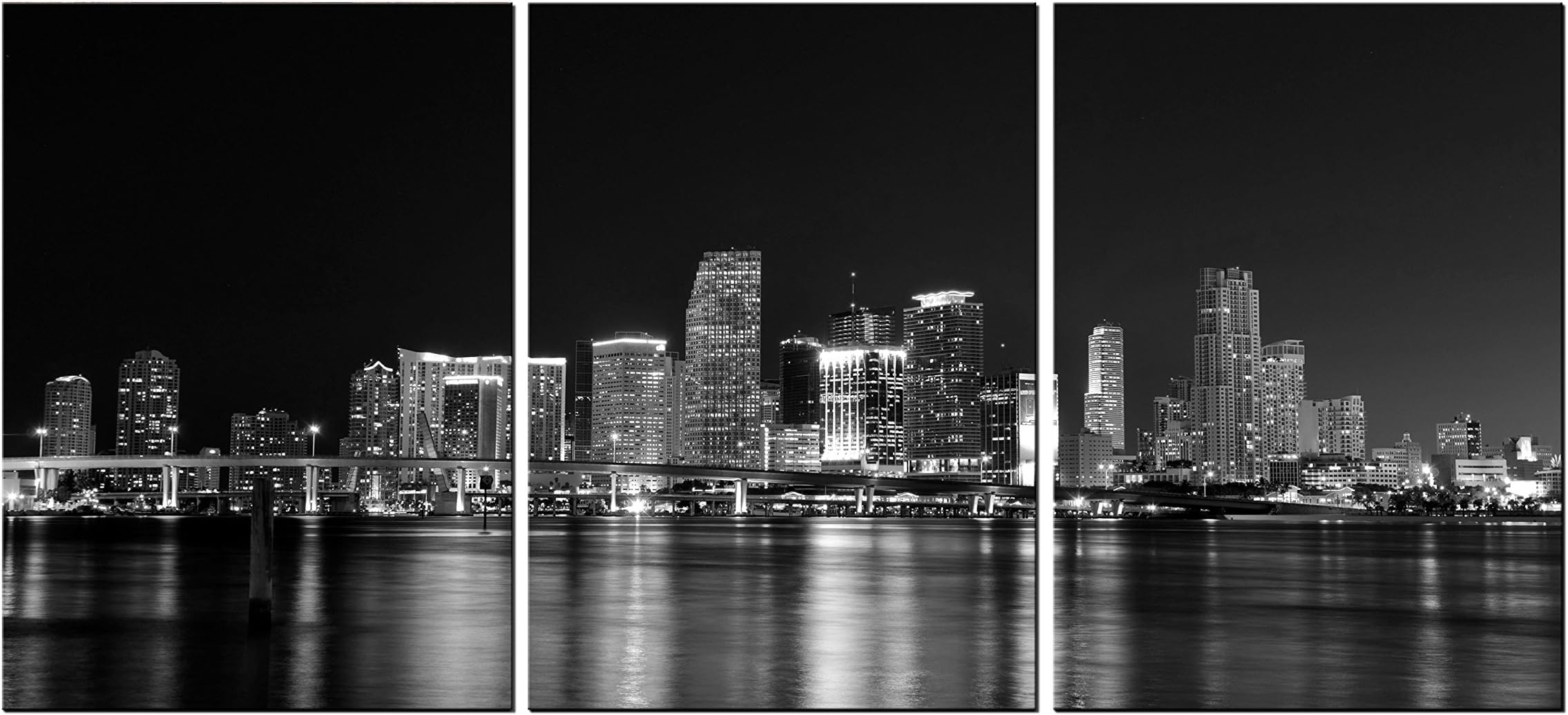 MIAMI SKYLINE/Florida Ready to Hang Black and White 3 Panel set Wall Art print mounted on Fiberboard Waterproof Canvas/better than stretched canvas/size (XS)12X8x0.4"(each panel)X3Panels