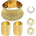 Beupy 6 Pieces Gold African National Tribal Costume Accessories Set Long Neck Collar Necklaces Metal Bracelet Gothic Chunky Nose Hoop Chain Swirl Earrings African Jewelry Set for Women