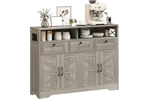 HOMCOM Sideboard Buffet Cabinet, 47" Farmhouse Kitchen Storage Cabinet with 4 Barn Doors and 3 Drawers, Coffee Bar Station wi