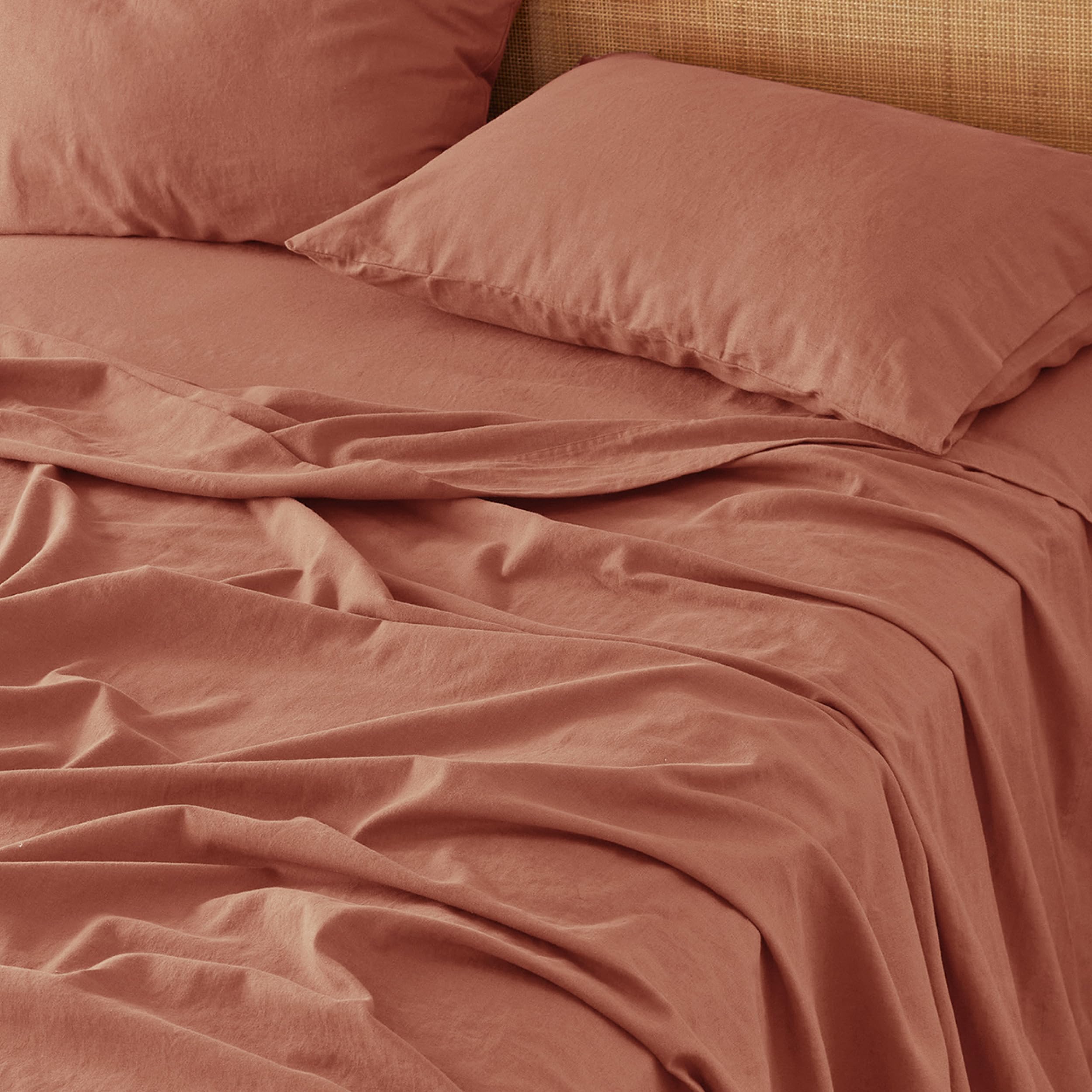 Photo 1 of Bedsure Linen Sheets - Queen Size Bed, Blend from Linen Cotton Bedsheets, Breathable Cotton Bedsheets, Gifts for All Seasons, 4 Pieces, Terracotta