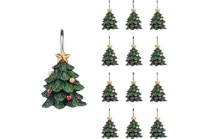 Sunlit Christmas Tree Decorative Shower Curtain Hooks with Star, Green Shower Curtain Rings, Resin, Xmas Theme Winter Holiday Bathroom Decoration, Set of 12