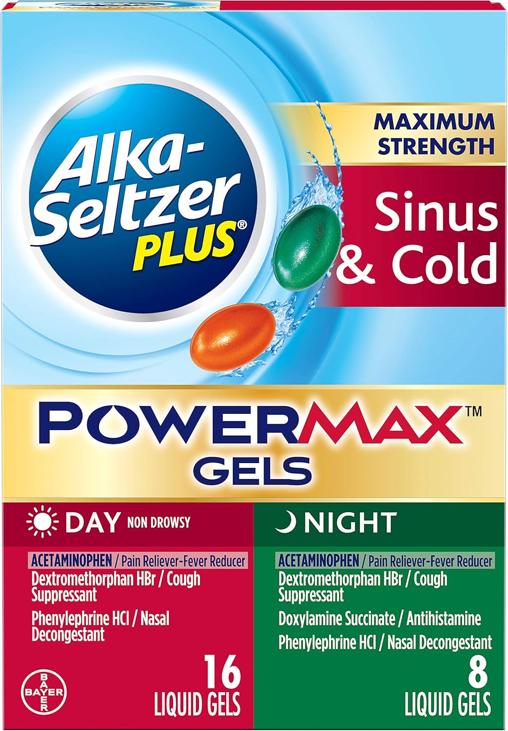 Alka-Seltzer Plus Maximum Strength powermax Liquid Gels, Sinus & Cold Day & Night, 24Count: Health & Personal Care