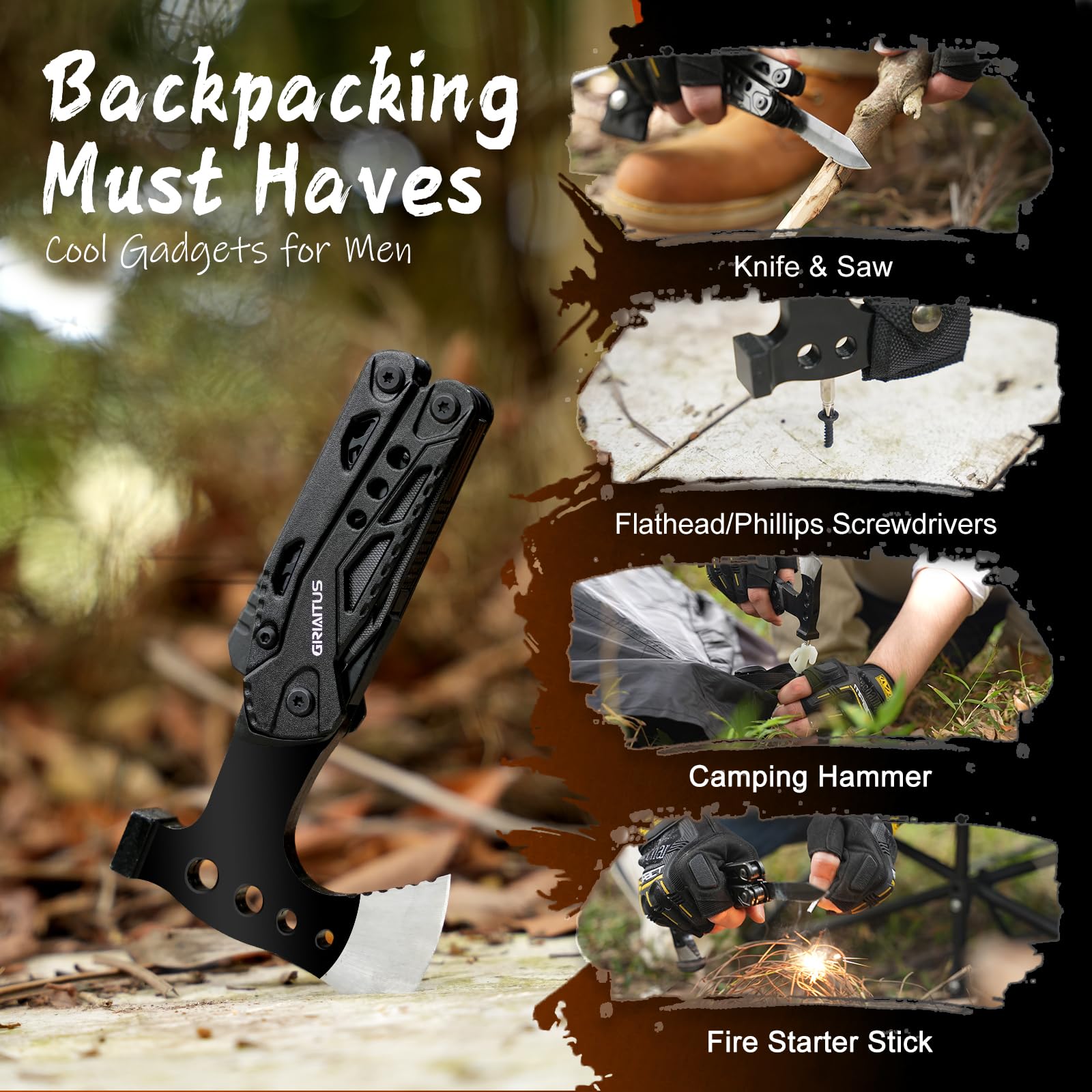 Camping Essentials Multi Tool Gifts for Men Dad 16in1 Multitool Survival Gear with Hammer Pliers Saw Screwdrivers Bottle Opener Whistle Christmas Stocking Fillers Gadgets for Outdoor, Hiking, Repair