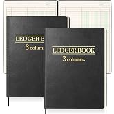 1 Pcs 3 Column Ledger Book 100 Pages 7 x 9.25 Inches Accounting Ledger Book | with PU Leather Cover 1 Label Ribbon Black Columnar Book Record Book for Cash Budget Logs Money Small Business Personal Use
