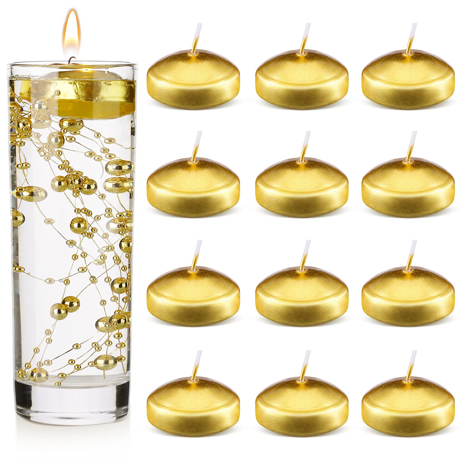 Photo 1 of Nuanchu 20 Pcs Mini Floating Candles Small Floating Unscented Candles Round Tea Lights Disc Smooth Wax for Pool Bathtub Dinner Wedding Home Favors(1 x 1.8 in,Gold)
