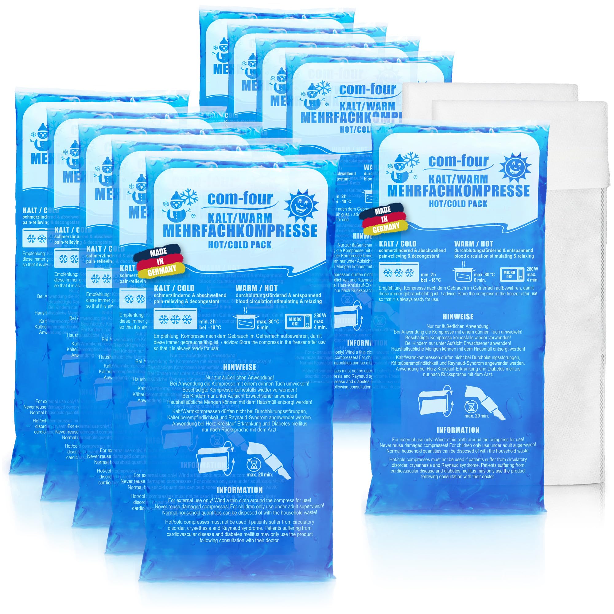 COM-FOUR® 10x Large Multiple Compress with Fleece Cover, Cold and Warm compresses, 29 x 12 cm - Suitable for microwaves - Made in Germany (10 Pieces - Large)