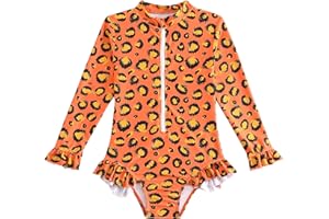 JZyangmei Toddler Girls Rash Guard Swimsuit Long Sleeve One Piece Zipper Ruffle Bathing Suit UPF 50+ Beach Swimwear 2-8Y