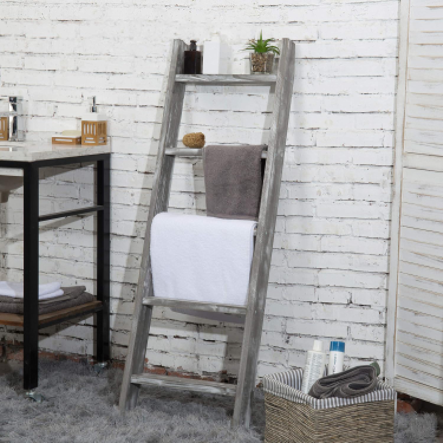 MyGift Wall-Leaning Rustic Gray with White Finish Wood Ladder-Style Blanket Rack: Home & Kitchen