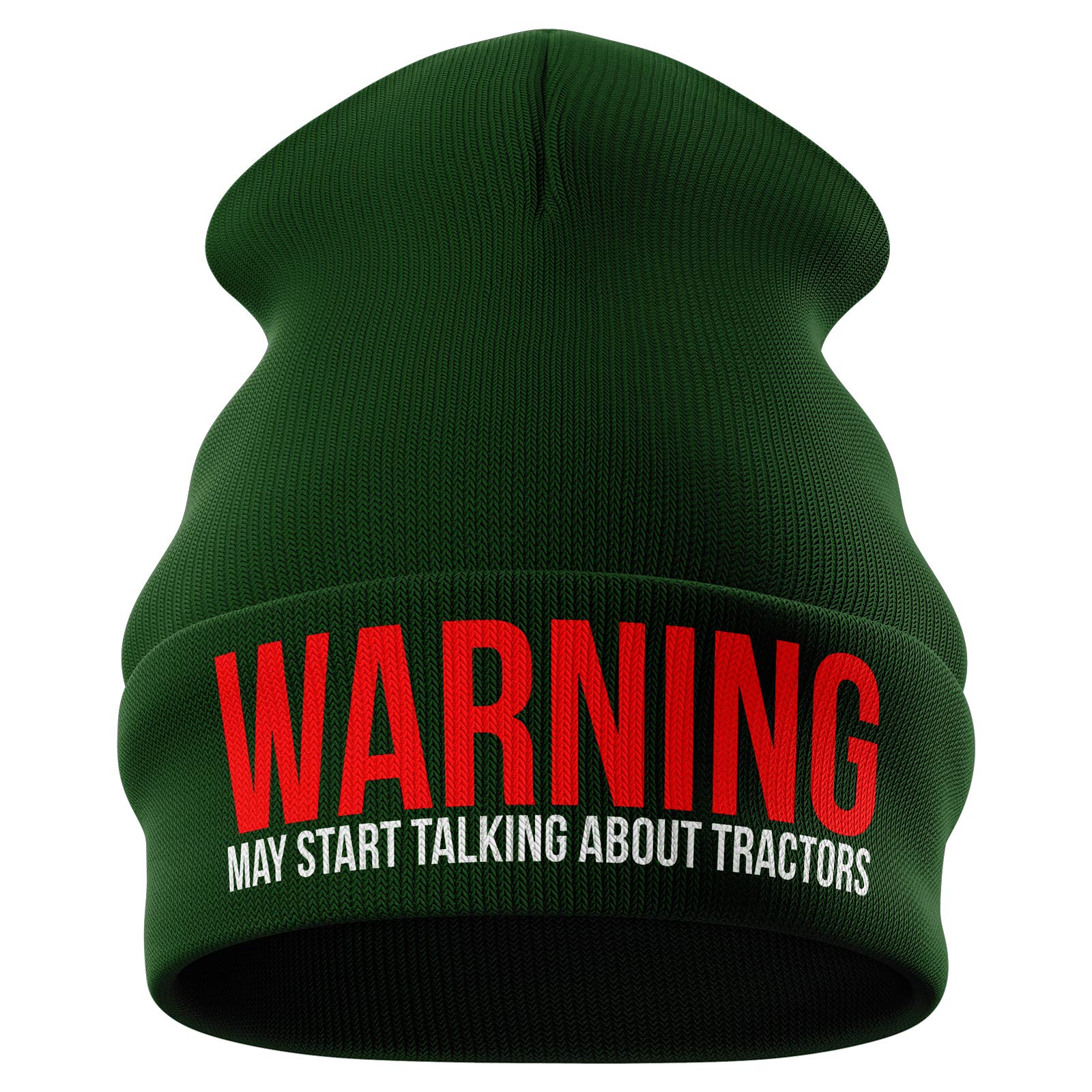 Purple Print House Farming Gifts - Warning May Start Talking About Tractors Funny Beanie Hat - Tractor Gifts Farmers Gifts (Bottle Green)