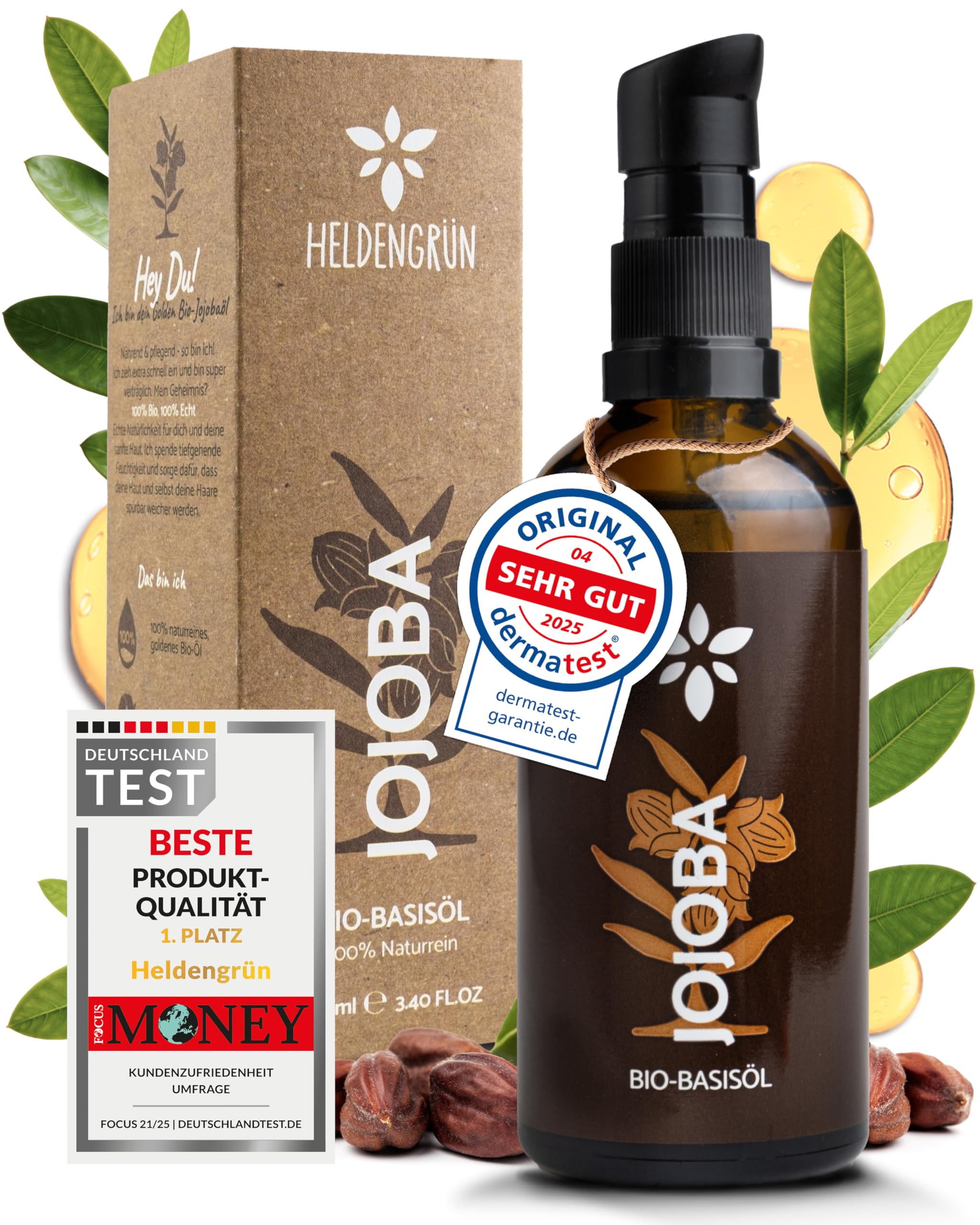 Heldengrün Organic Jojoba Oil Gold Essence Certified Natural Cosmetics for Face, Hair & Nails - 100% Pure Face Oil